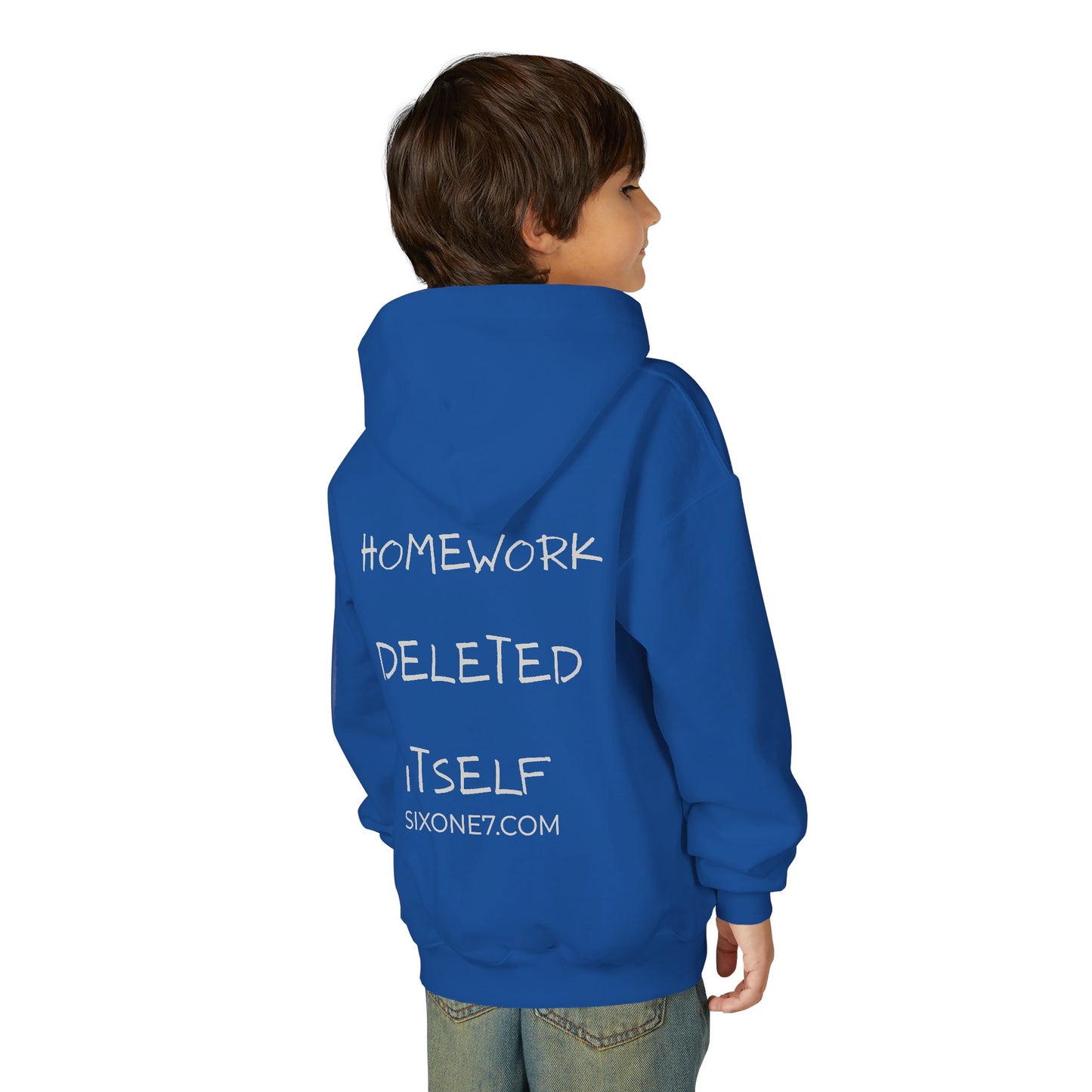 Youth Hoodie — “Homework Deleted Itself” Funny Kids Sweatshirt