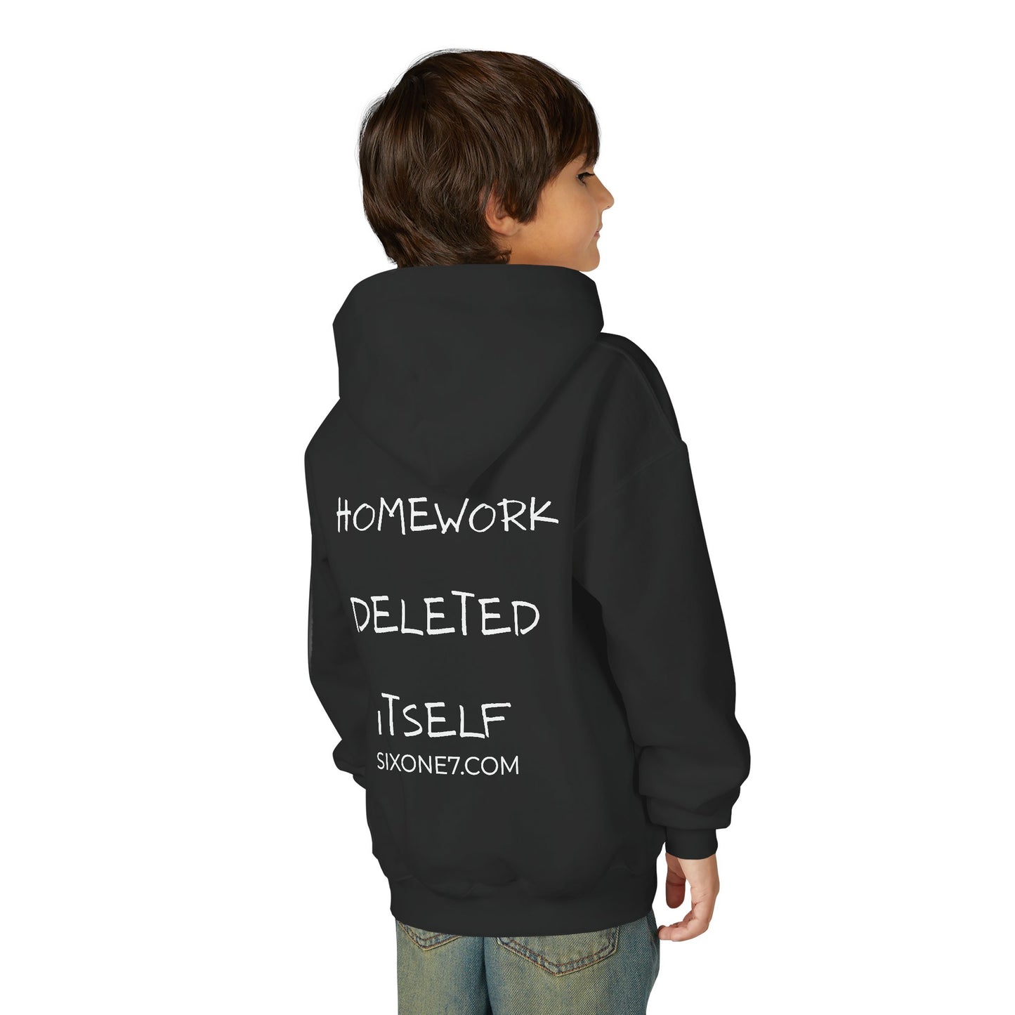 Youth Hoodie — “Homework Deleted Itself” Funny Kids Sweatshirt