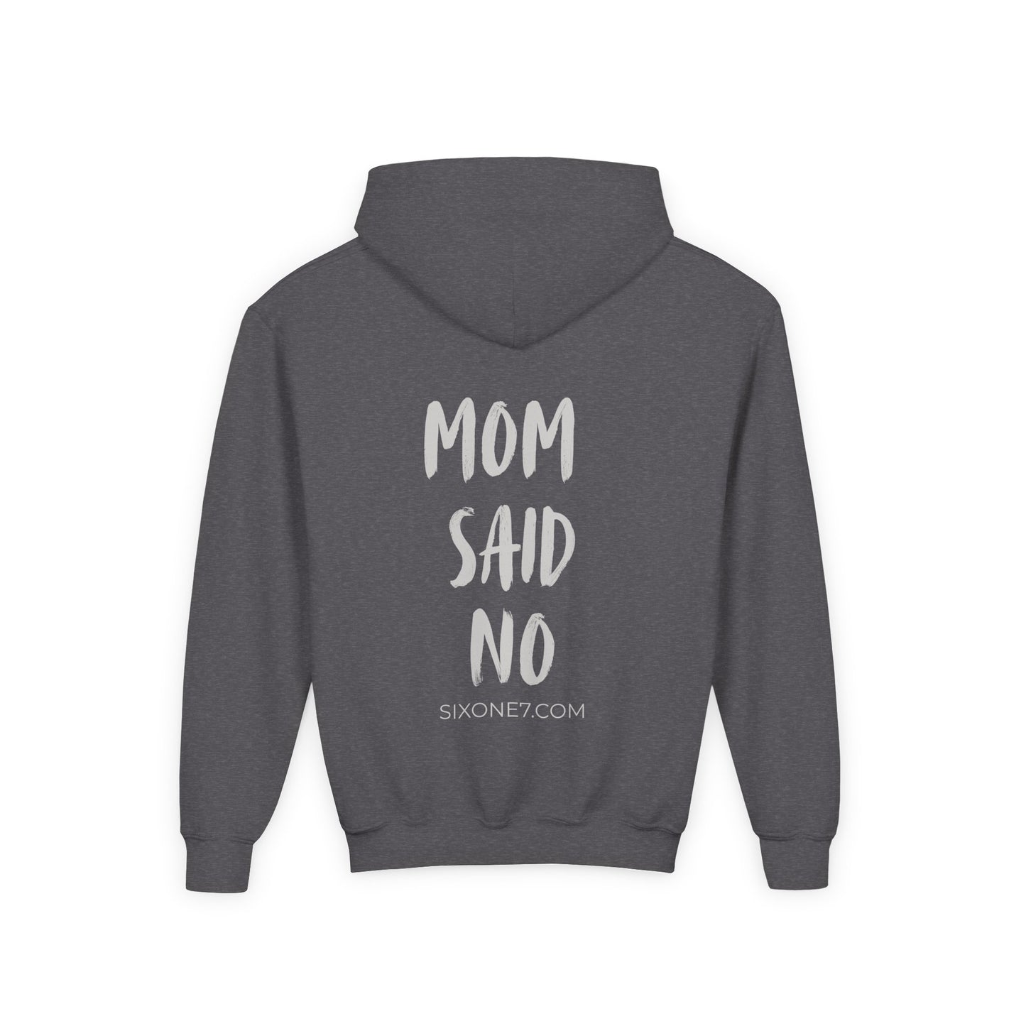 Youth Hoodie — "Mom Said No" Graphic Back with Minimal Front Logo