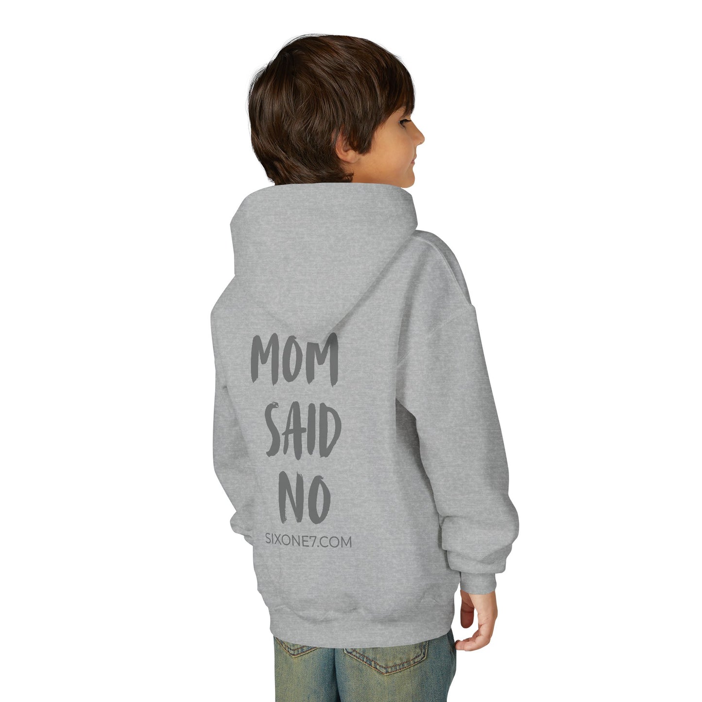 Youth Hoodie — "Mom Said No" Graphic Back with Minimal Front Logo
