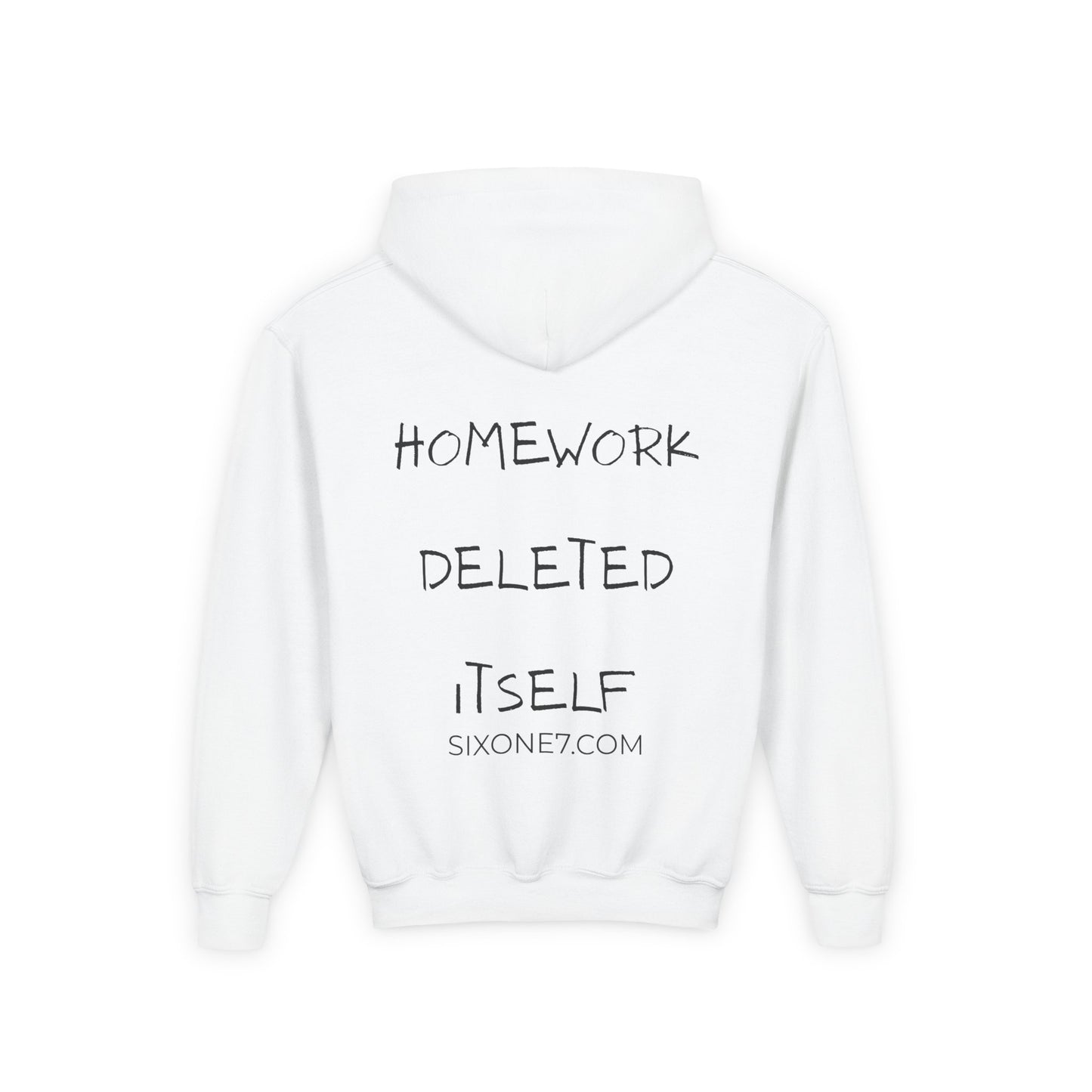 Youth Hoodie — “Homework Deleted Itself” Funny Kids Sweatshirt