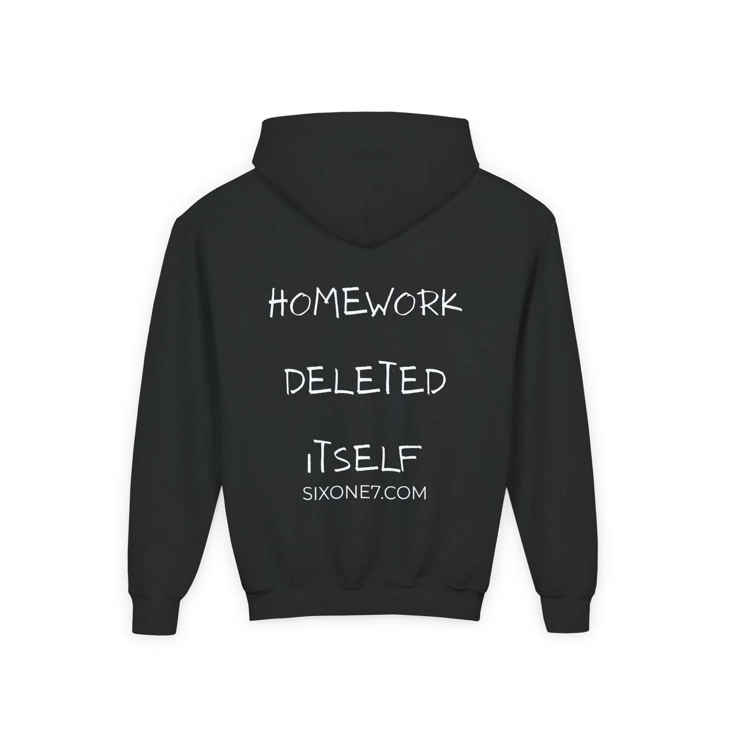 Youth Hoodie — “Homework Deleted Itself” Funny Kids Sweatshirt