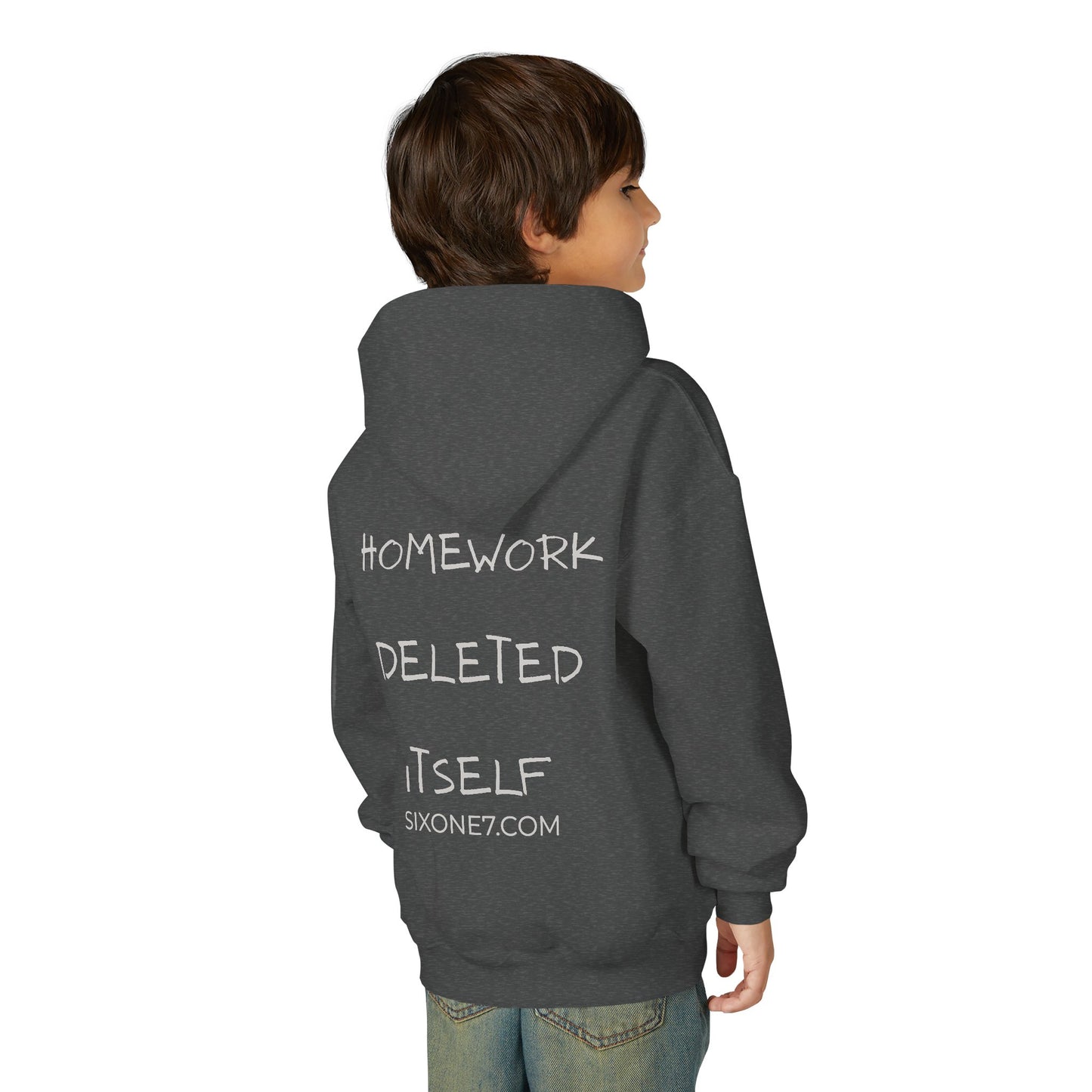Youth Hoodie — “Homework Deleted Itself” Funny Kids Sweatshirt