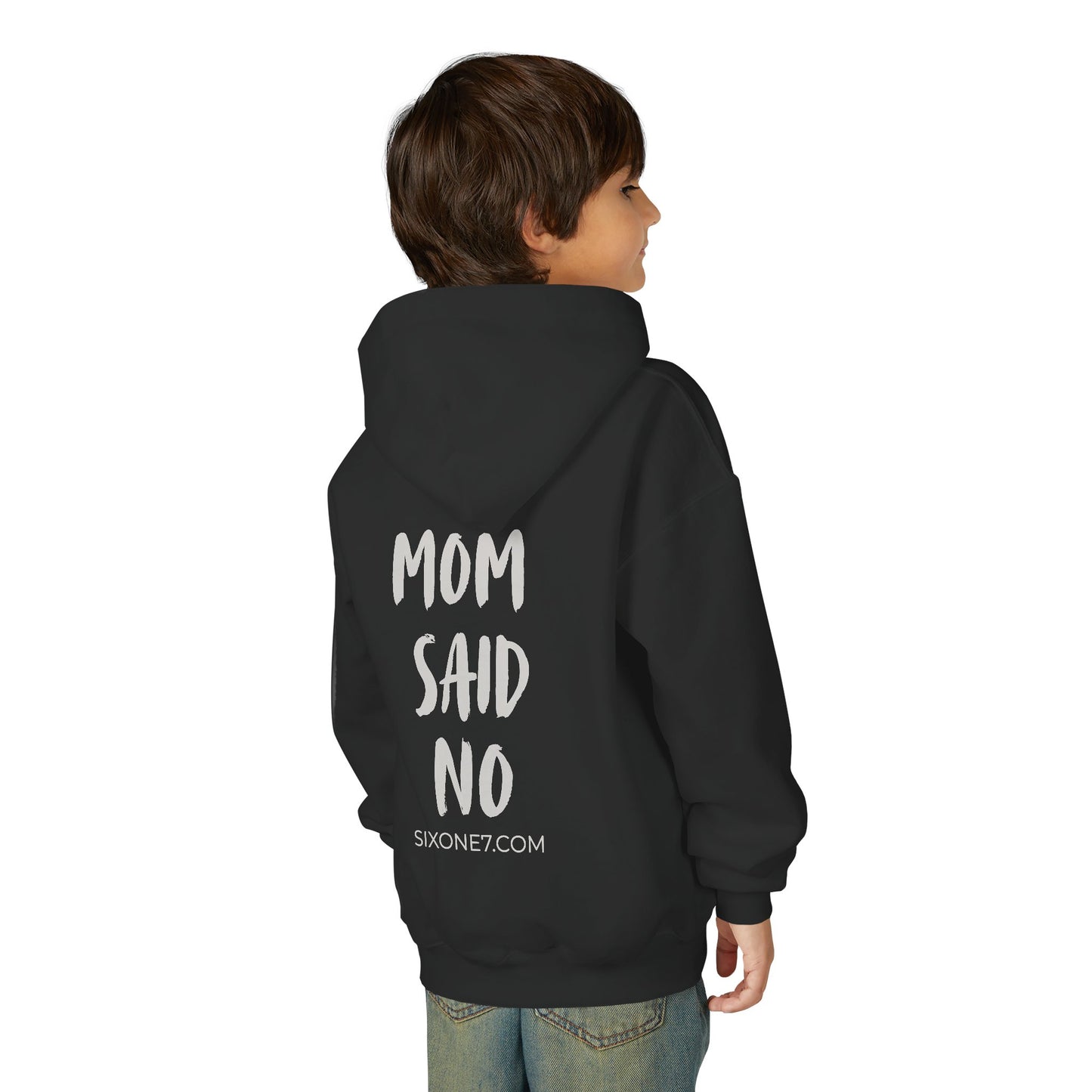 Youth Hoodie — "Mom Said No" Graphic Back with Minimal Front Logo