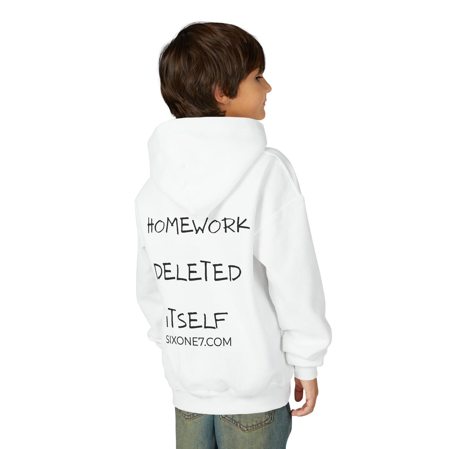 Youth Hoodie — “Homework Deleted Itself” Funny Kids Sweatshirt