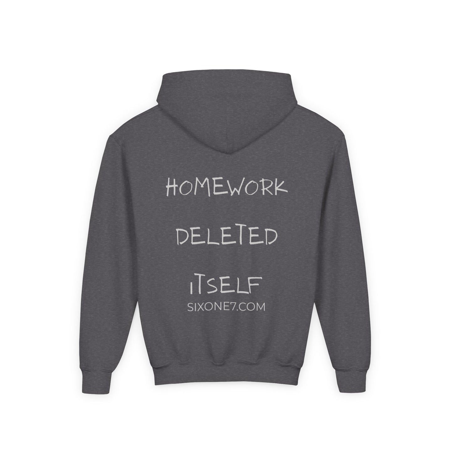 Youth Hoodie — “Homework Deleted Itself” Funny Kids Sweatshirt