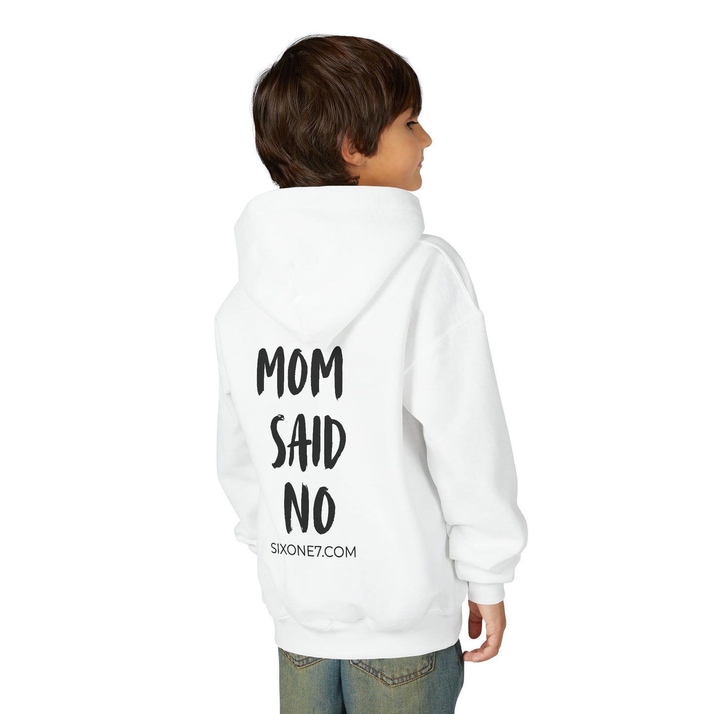 Youth Hoodie — "Mom Said No" Graphic Back with Minimal Front Logo