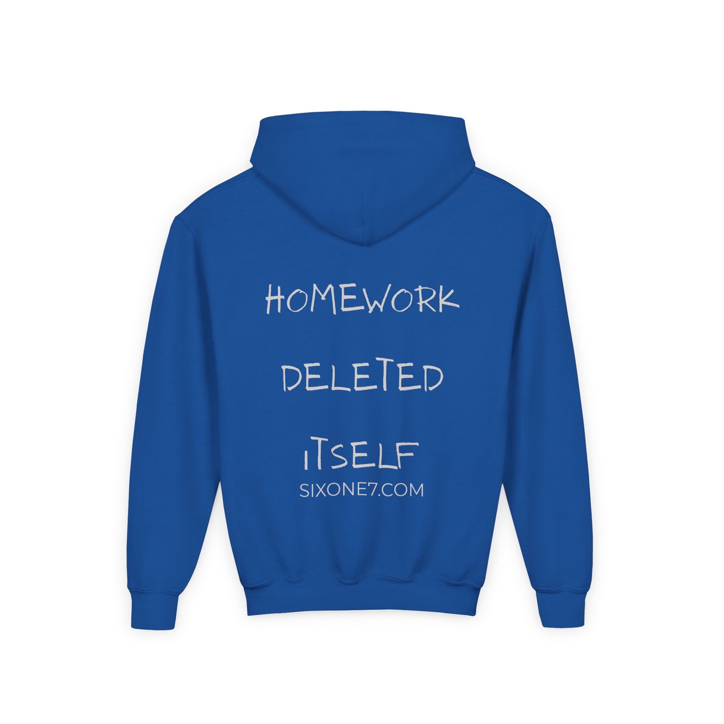 Youth Hoodie — “Homework Deleted Itself” Funny Kids Sweatshirt